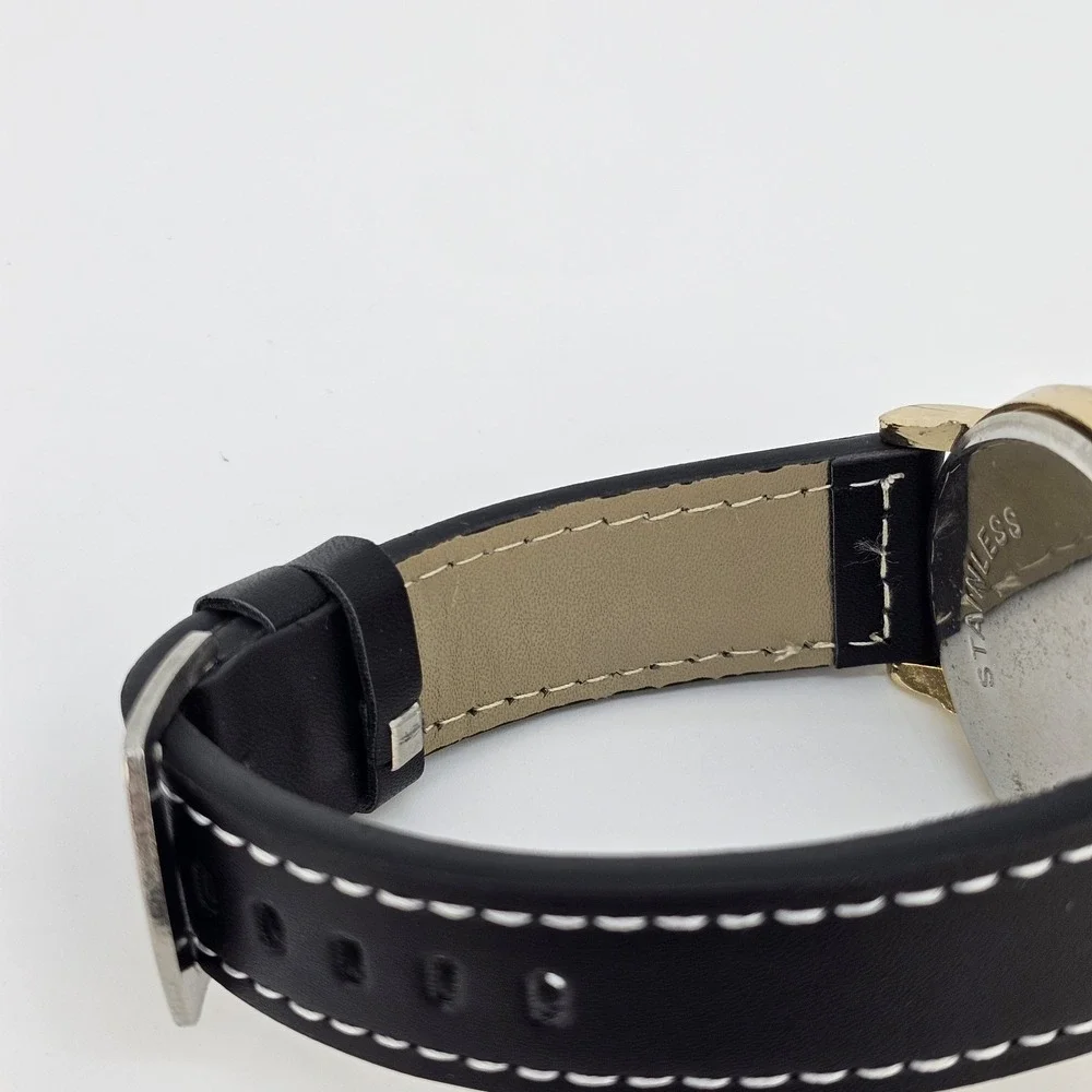 Men's Watch 44MM Black Dial New‎ Black Faux Leather Bands New Battery